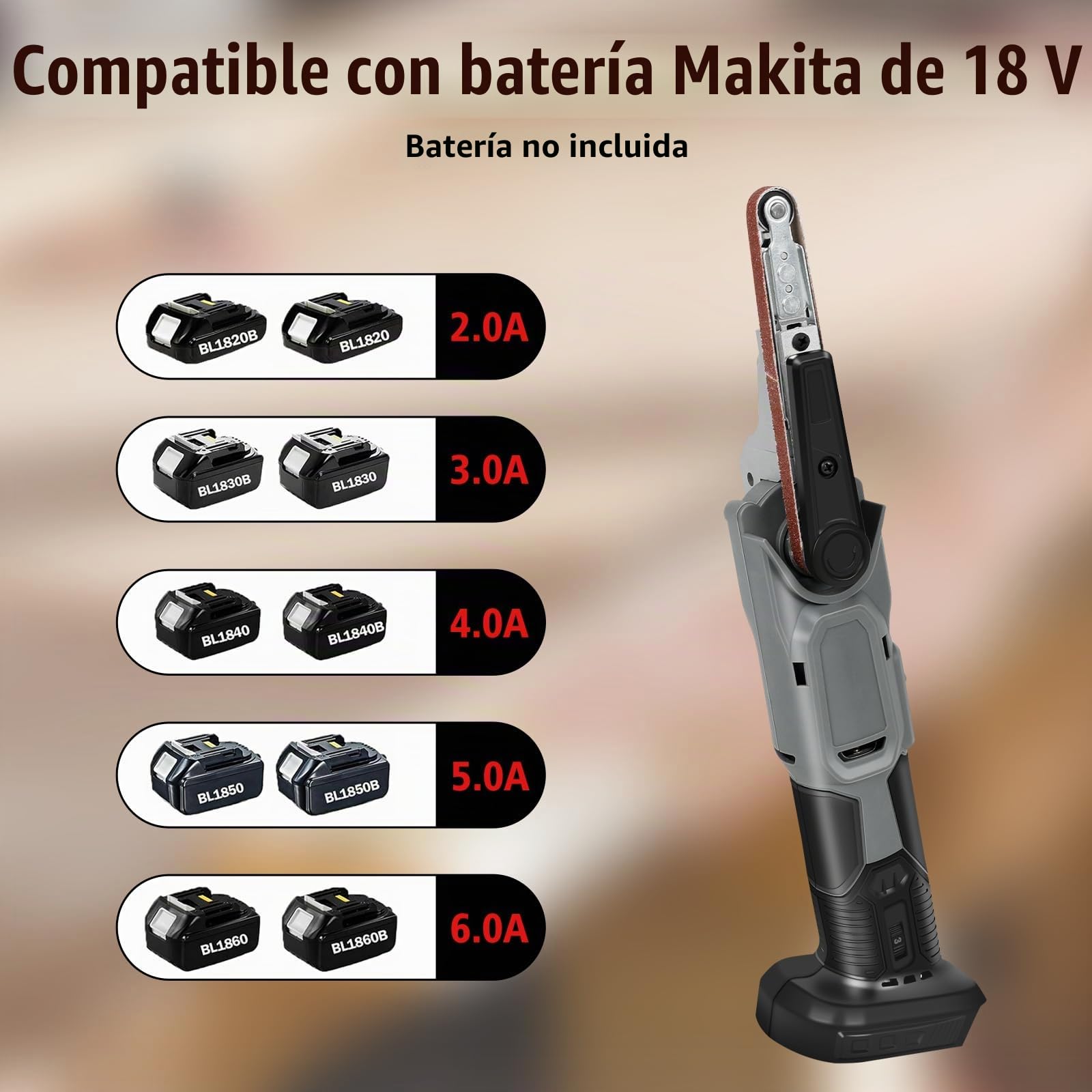 Lijadora de Banda Inalámbrica 10x330 mm para Makita 18V (sin Bat.) | Lima de banda eléctrica, con 3 bandas de lijado, 6 velocidades, ajustable 35°, para madera y metal