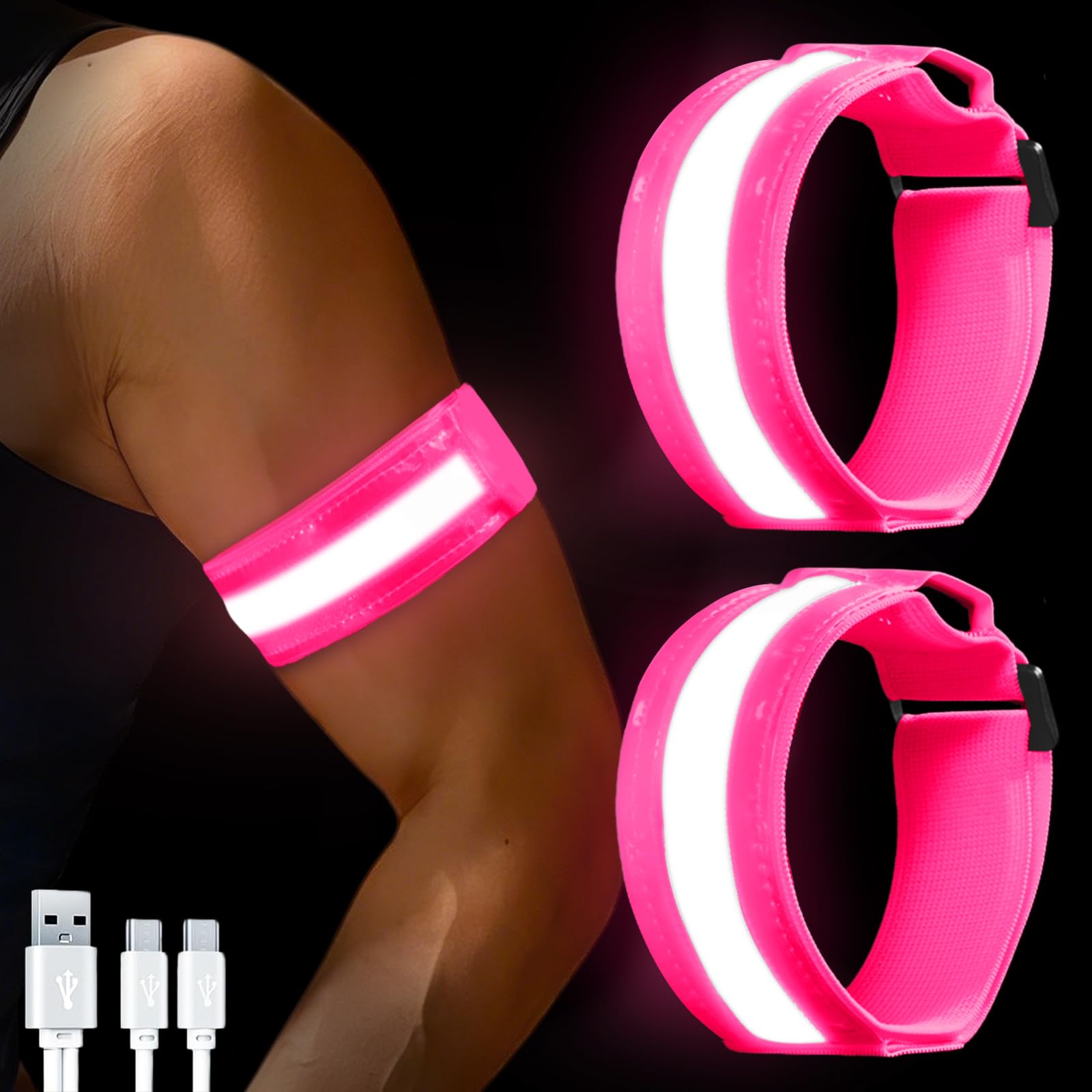 flintronic 2 Pack LED Armband for Running, Light Up Armband Rechargeable, High Visibility Reflective LED Luminous Armbands Magic Strap for Running, Cycling, Jogging