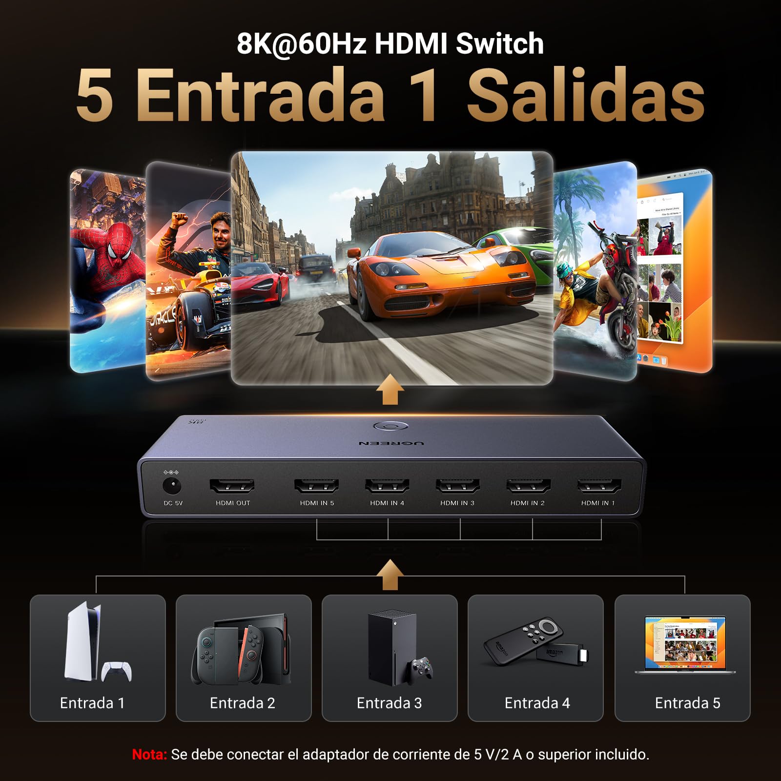 UGREEN 8K 60Hz Switch HDMI 2.1 5 Entradas 1 Salida 4K 240Hz HDCP 2.3 Adaptador de Corriente Conmutador con Mando a Distancia Compatible con PS5/4 Xbox Nintendo Switch DVD Apple TV Fire Stick
