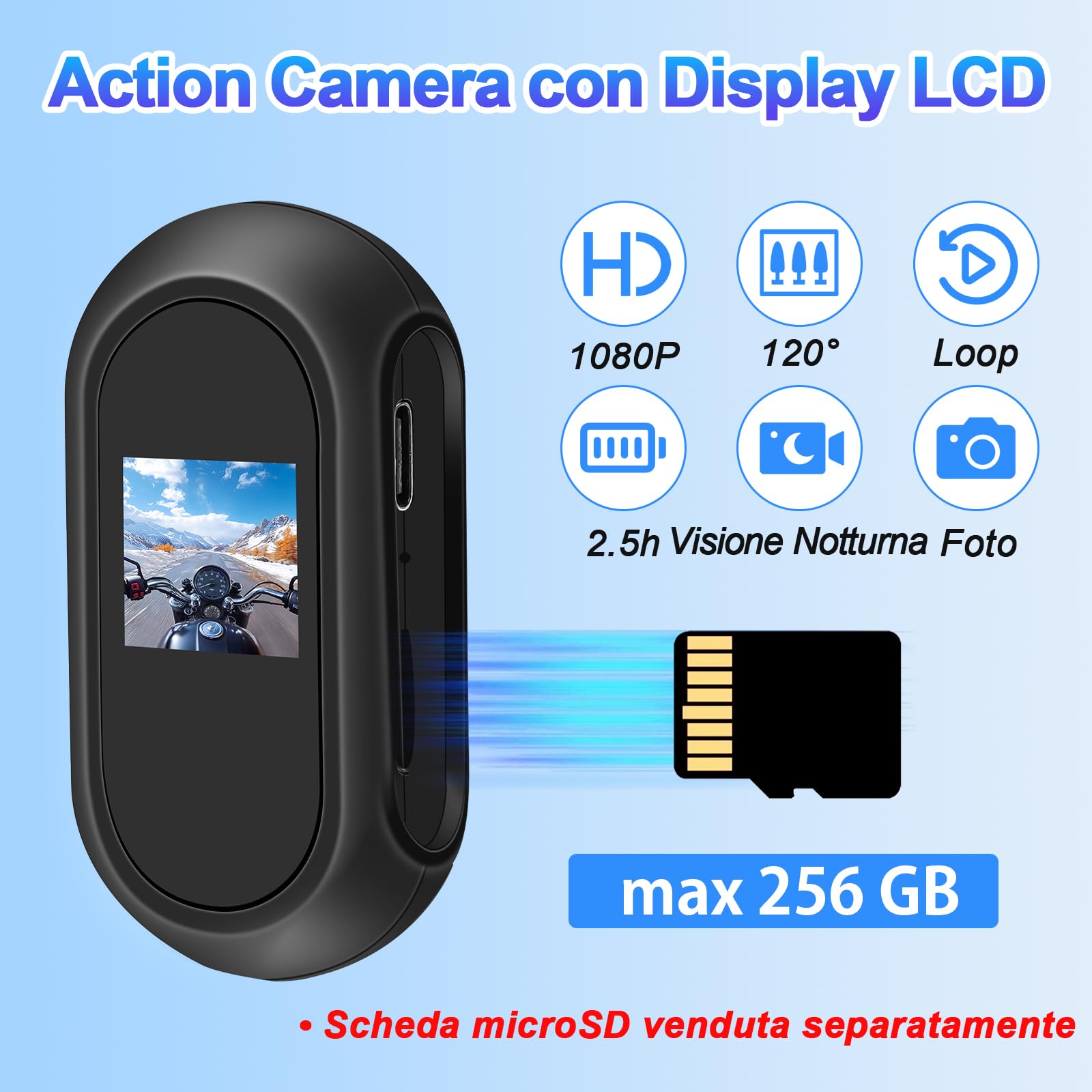 Mini Action Cam Moto, 1080P HD Bodycam con 120° Grandangolo & Visione Notturna Automatica, 2,5 Ore Registrazione, Telecamera Moto per Sport e Outdoor