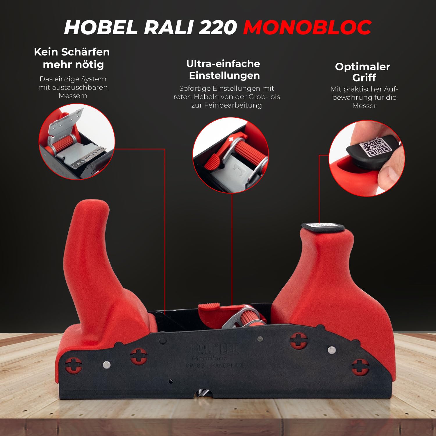 RALI 220 MONOBLOC: Profi Handhobel ohne Nachschärfen mit ultraschneller Messereinstellung | Schweizer Holzhobel für Schreiner und Tischler | Immer einsatzbereit