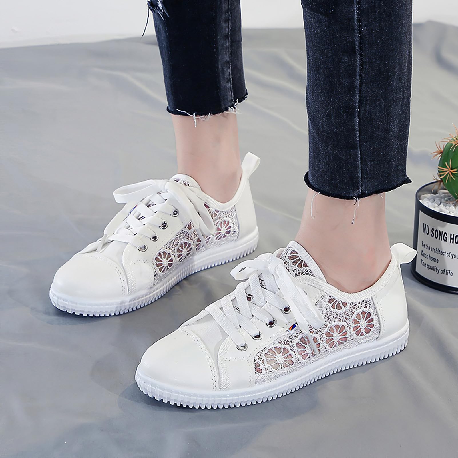 Femme Filles Été Broderie Dentelle Plimsolls Baskets à Lacets Maille Sneakers Chaussures