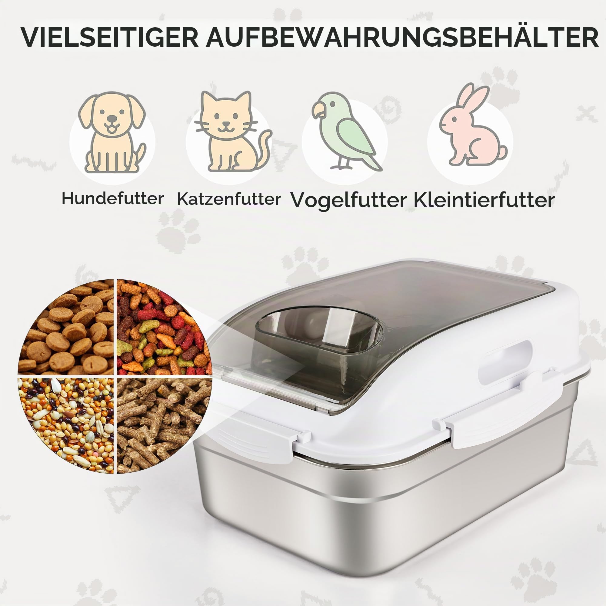ALL FOR PAWS Aufbewahrungsbehälter für Tierfutter aus Edelstahl mit luftdichtem Deckel und Messlöffel, 304 Edelstahl-Behälter für kleines Hundefutter & Leckerlis, Katzenfutter, Vogelfutter (10L)
