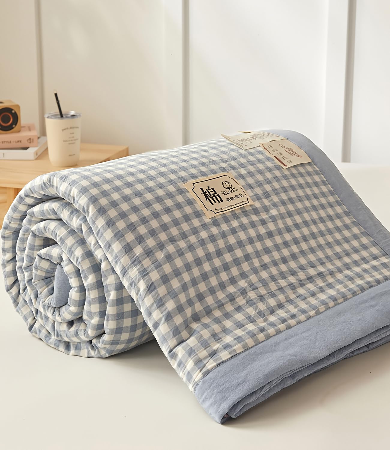 DOTBUY Coverless Duvet Single 4.5 TOG 150x200 cm - Blue Check Summer Single Coverless Quilted Duvet with Microfibre Filling, All-in-One Class A Cotton Comforter Bedspreads — image 1