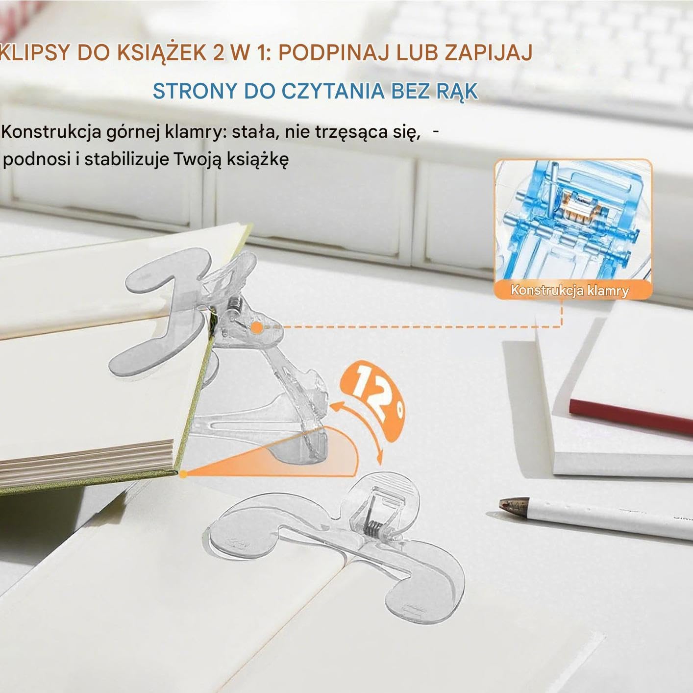 Przytrzymywacz Stron Do Czytania 21 Cm,Przenośne Klipsy do Otwierania Stron | Ergonomiczny Uchwyt Do Książek Kuchnia Dom Szkoła Klasa Biuro