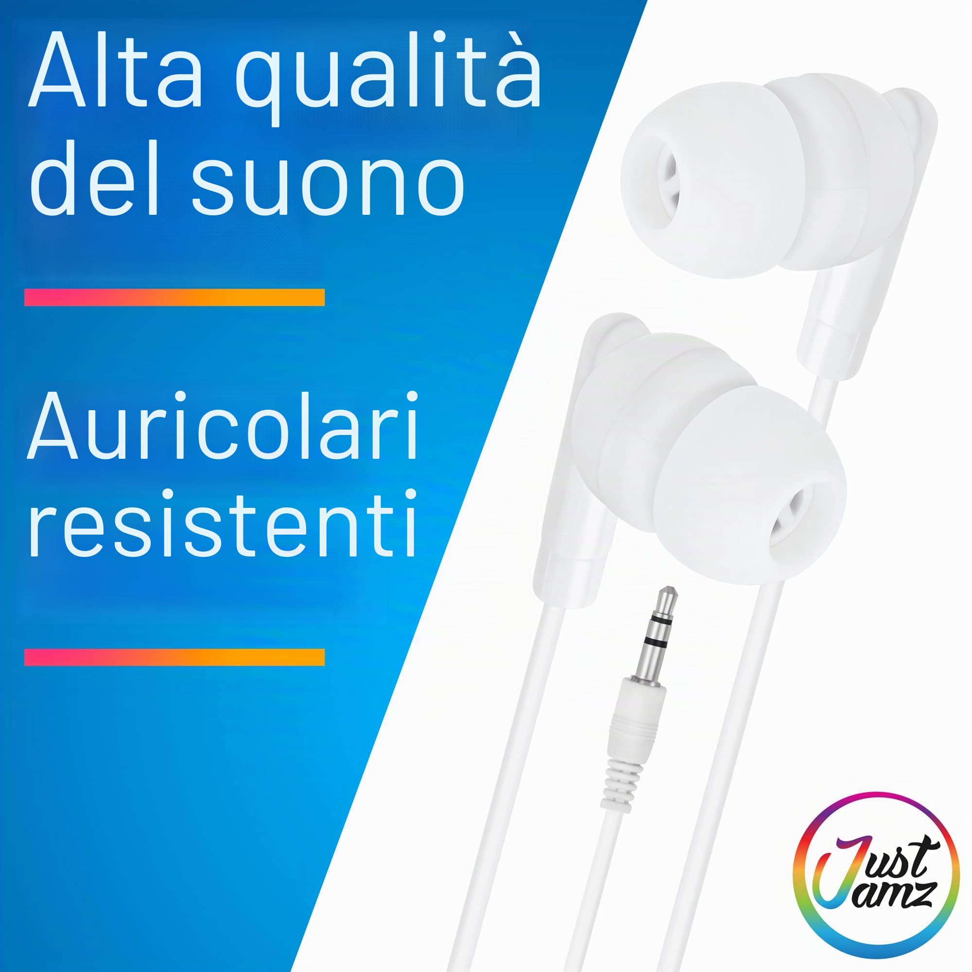 JustJamz | Confezione da 100 auricolari basici, auricolari in-ear bianco perla, cuffie usa e getta, set di auricolari per studenti