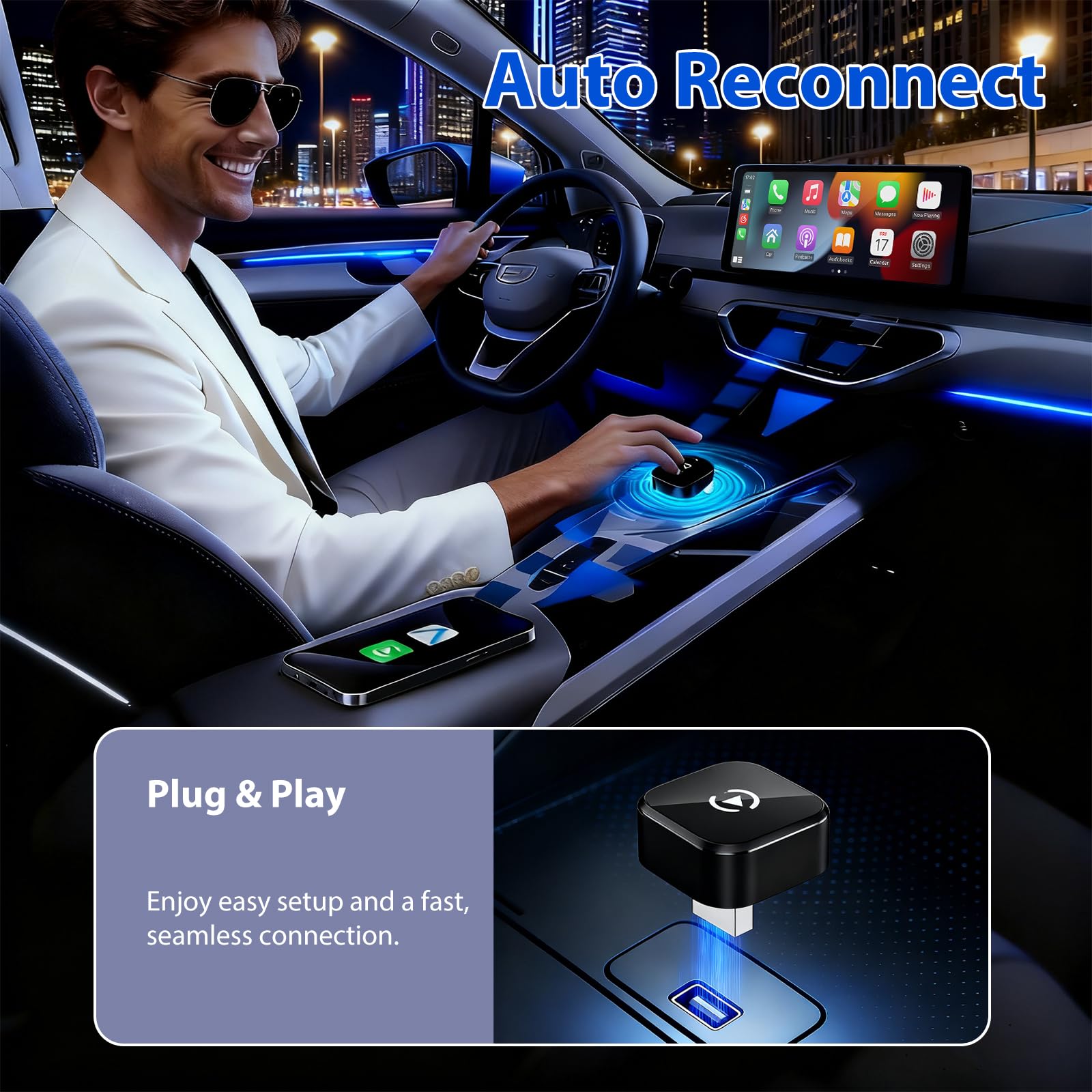 CarPlay & Android - Adattatore per auto wireless 2 in 1 USB-C/USB-A, connessione automatica rapida, convertitore plug & play per veicoli con CarPlay/Android Auto dal 2016 in poi