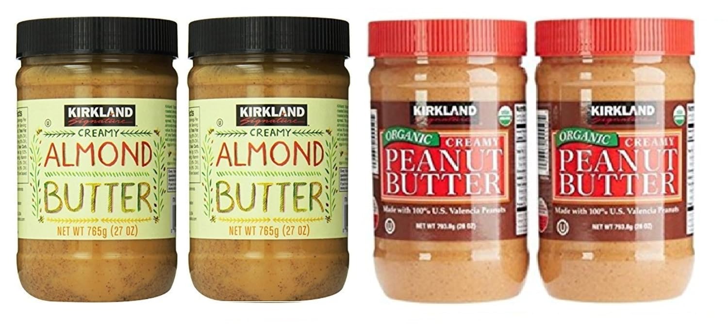 Kirkland Signature Almond Butter and Organic Peanut Butter Bundle - Includes Kirkland Signature Two Almond Butter (27 oz) and Two Peanut Butter (28 oz. Each)