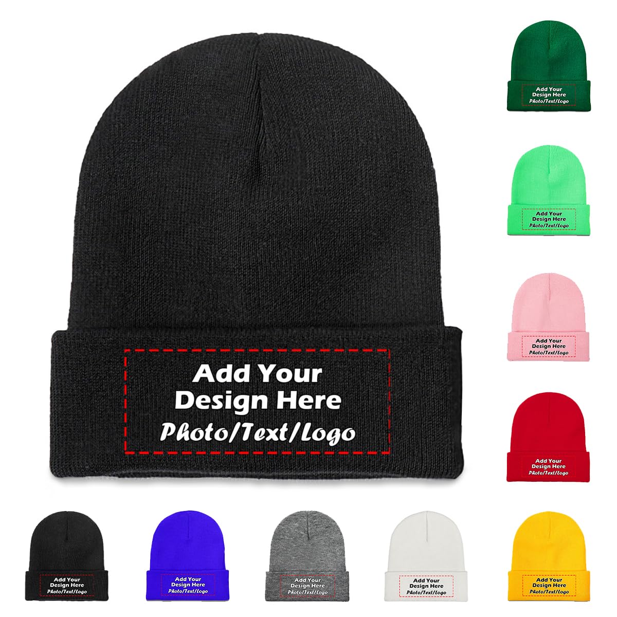 Custom Beanie Hat with Your Text Photo Logo Customize Knit Cap for Adult, Black