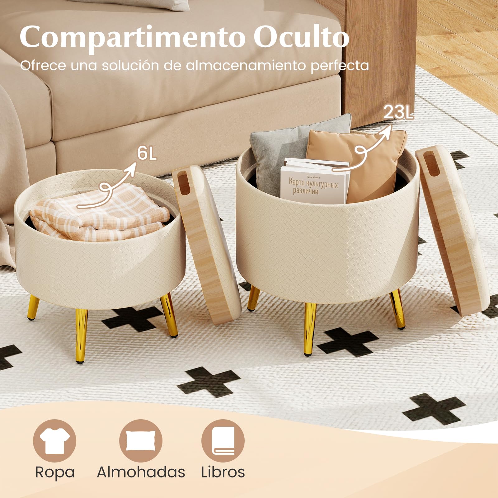 COSTWAY Juego de 2 Puff Almacenaje 23L + 6L, Taburete Tocador Redondo de Piel Sintética con Bandejas de Tapa Abatible, Patas Metálicas Doradas, Mesita Auxiliar y Reposapies en uno para Entrada, Salón