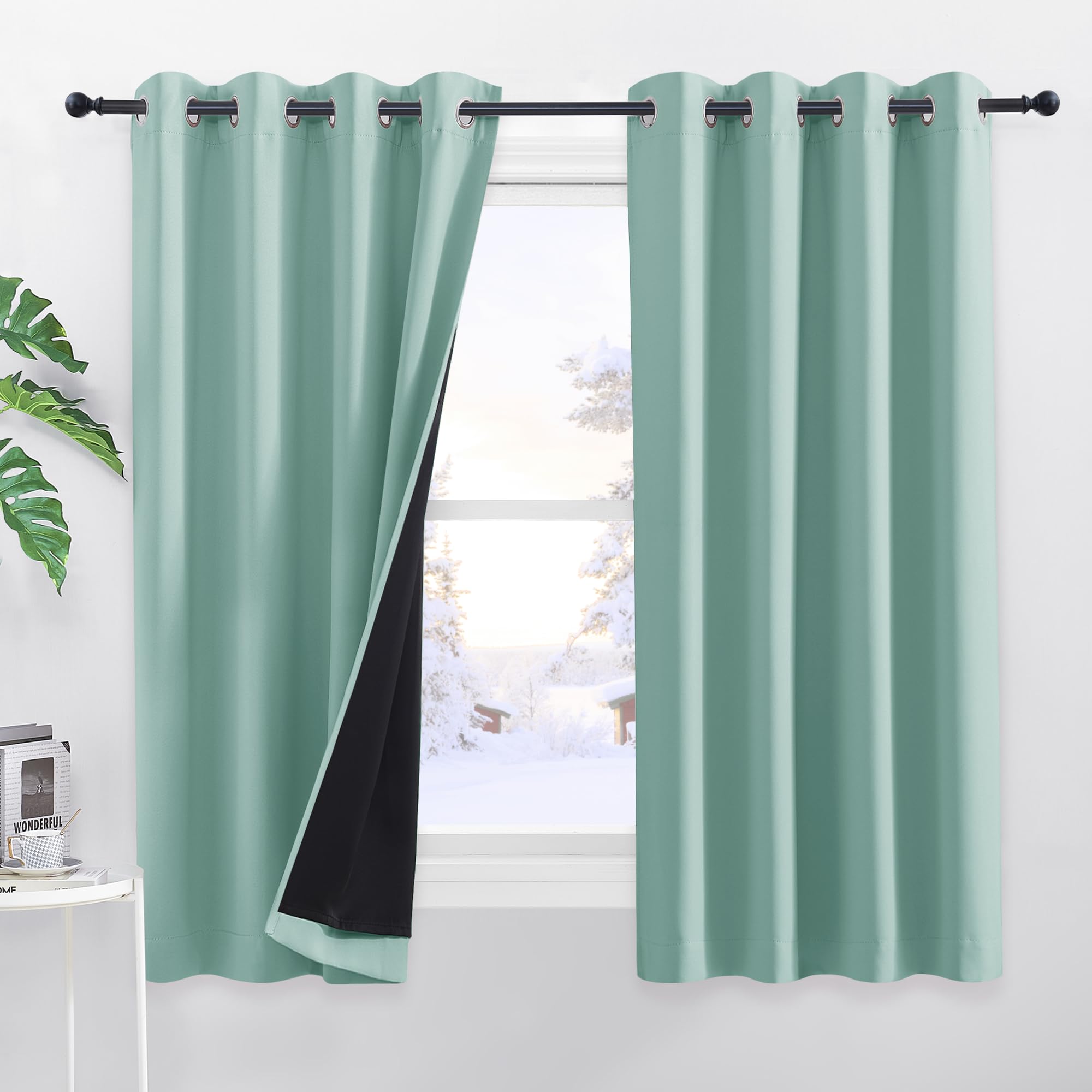 PONY DANCE Cortinas Opacas Termicas 2 Piezas Cortinas Infantiles Niño Cortinas Ventanas Cortas Cortinas Termicas Aislantes Frio y Calor con Ojales, 140x145 CM, Verde Claro