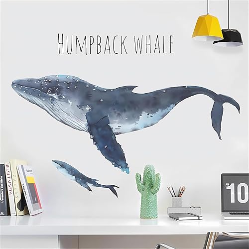 Miniatura 2 de sacinora - Calcomanías de pared de ballena jorobada, calcomanías de pared de animales marinos azules extraíbles, vinilo extraíble para sala de