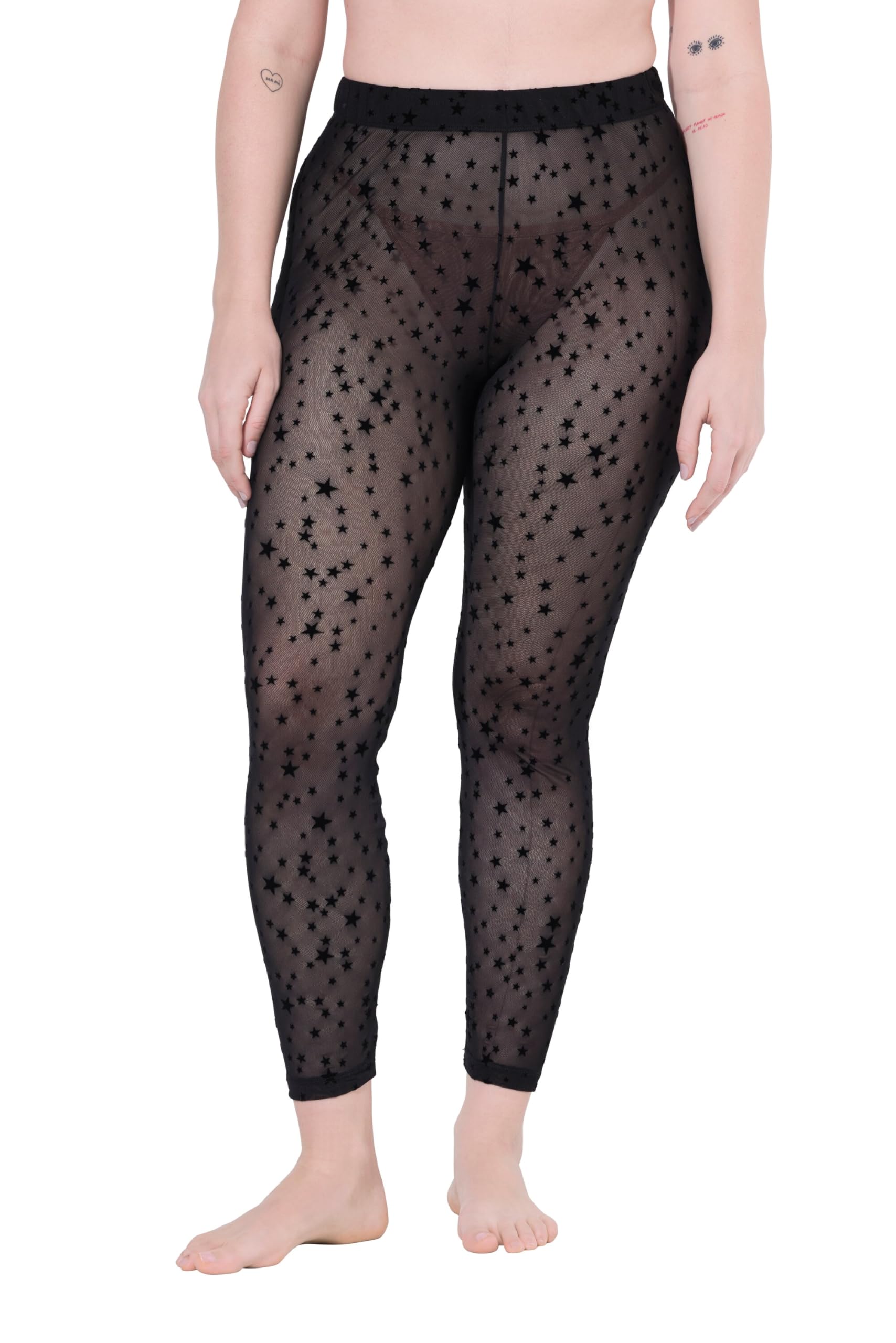 Ulla Popken Damen große Größen Übergrößen Plus Size Mesh-Leggings, Sterne, transparent, hochelastisch 810404