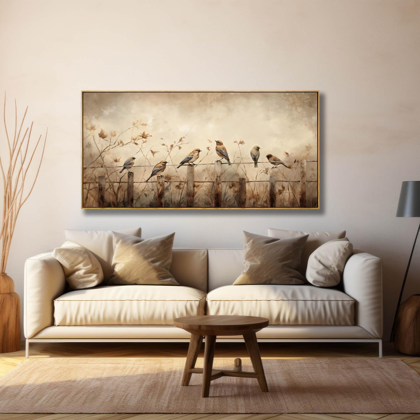 Home Decor Birds Canvas Wall Art 24"x48" on Gold Background Autumn Plant Pictures for Living Room Bedroom Office Decor