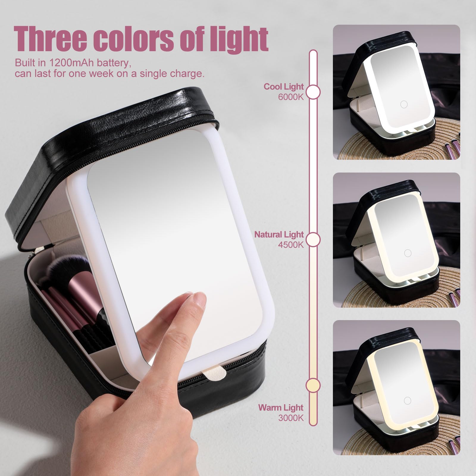 BS-MALL Juego de 14 brochas de maquillaje con espejo de luz LED, herramientas cosméticas de primera calidad para rutinas de belleza impecables (negro)