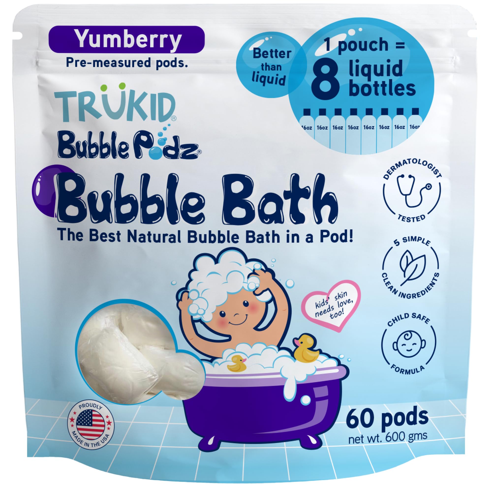 TruKid Bubble Podz Bubble Bath for Kids, Toddlers, & Babies, Tear Free Gentle & Refreshing Bath Bomb for Sensitive Skin with Natural Moisturizers,