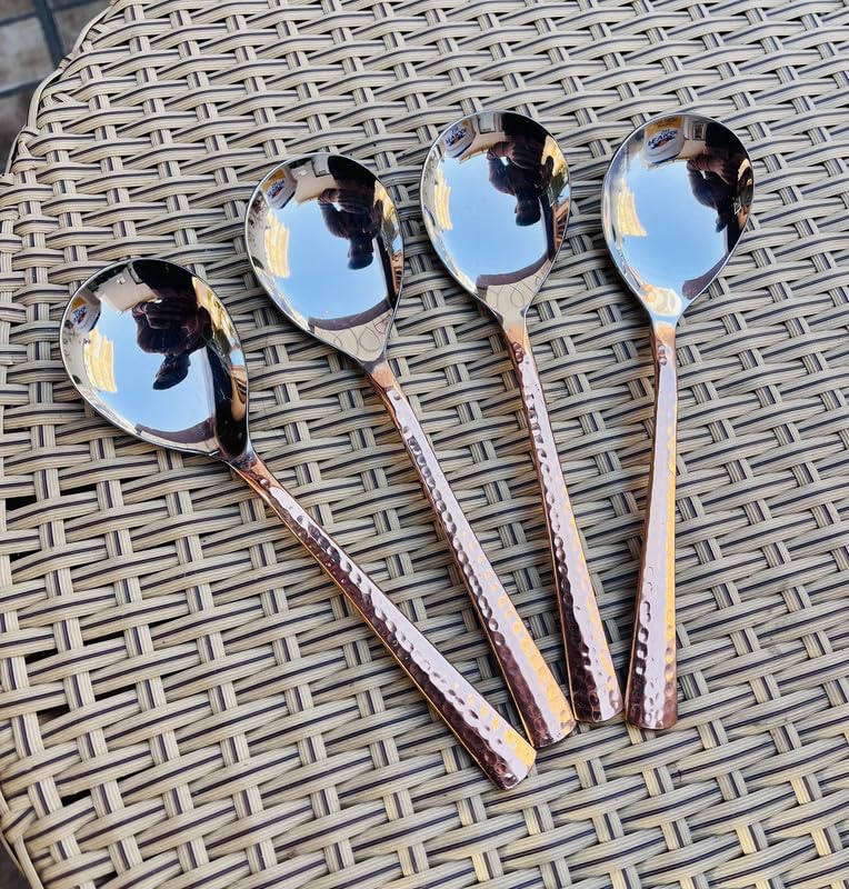 Image of Stainless Steel and Copper Made Serving Spoon Set - Pack of 4 | Metal Kitchen Dining and Cutlery | Steel and Copper Metalic Finish | A Touch of Elegance to Your Dining and Serving