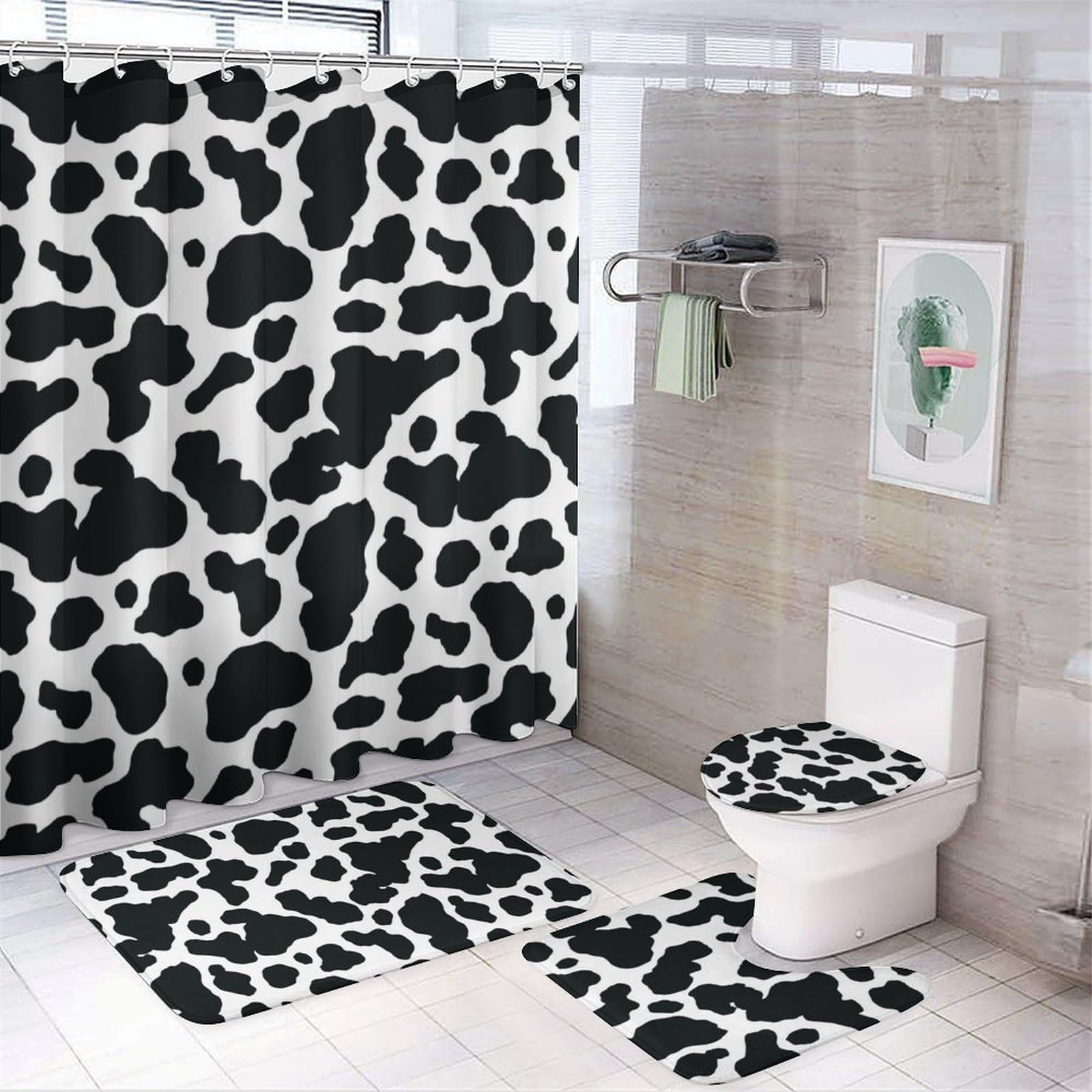 Wlntrophic Bathroom Mat Set 4 Piece, Cow Shower Curtain with Non-Slip Bath Mats for Bathroom