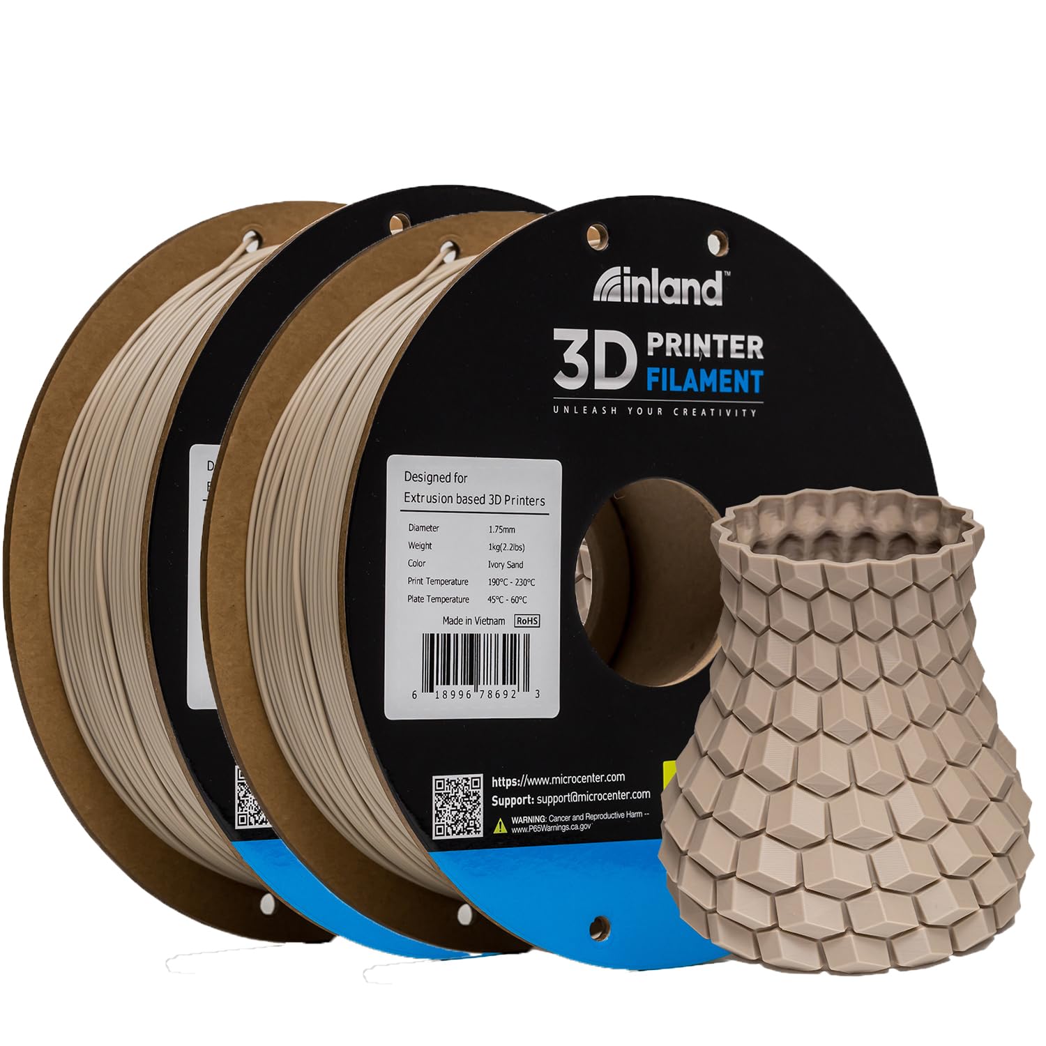 Inland PLA Filament Bundle 1.75mm Ivory 2KG, 3D Printer Filament, Dimensional Accuracy +/- 0.02 mm, 2 Pack Filament, Fits Most FDM 3D Printers (Ivory