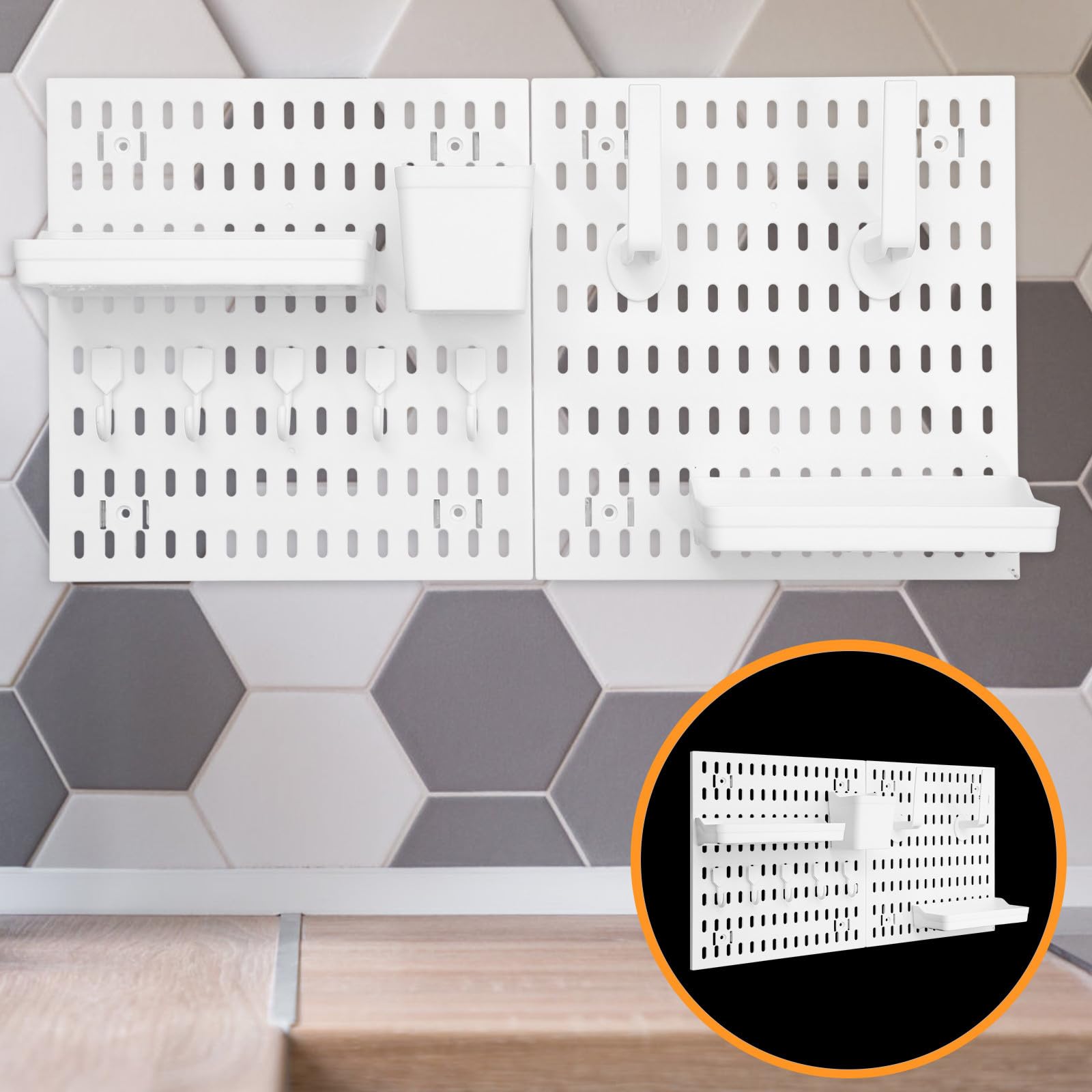 estante organizador de cocina y baño, tablero perforado de pared de plástico blanco, 1 juego con ganchos y estantes, instalación sin perforaciones, soporte de carga fuerte