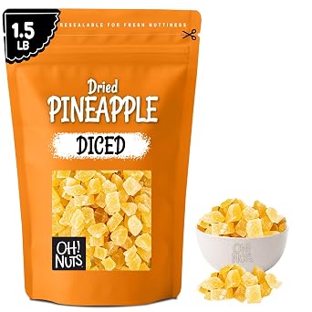 Oh! Nuts Dried Pineapple - 1.5 LB - Dried Fruit Diced - Less Sugar Added - Dehydrated Fruit Bites - Packed in New York Zip-Seal Bag for Exceptional Freshness