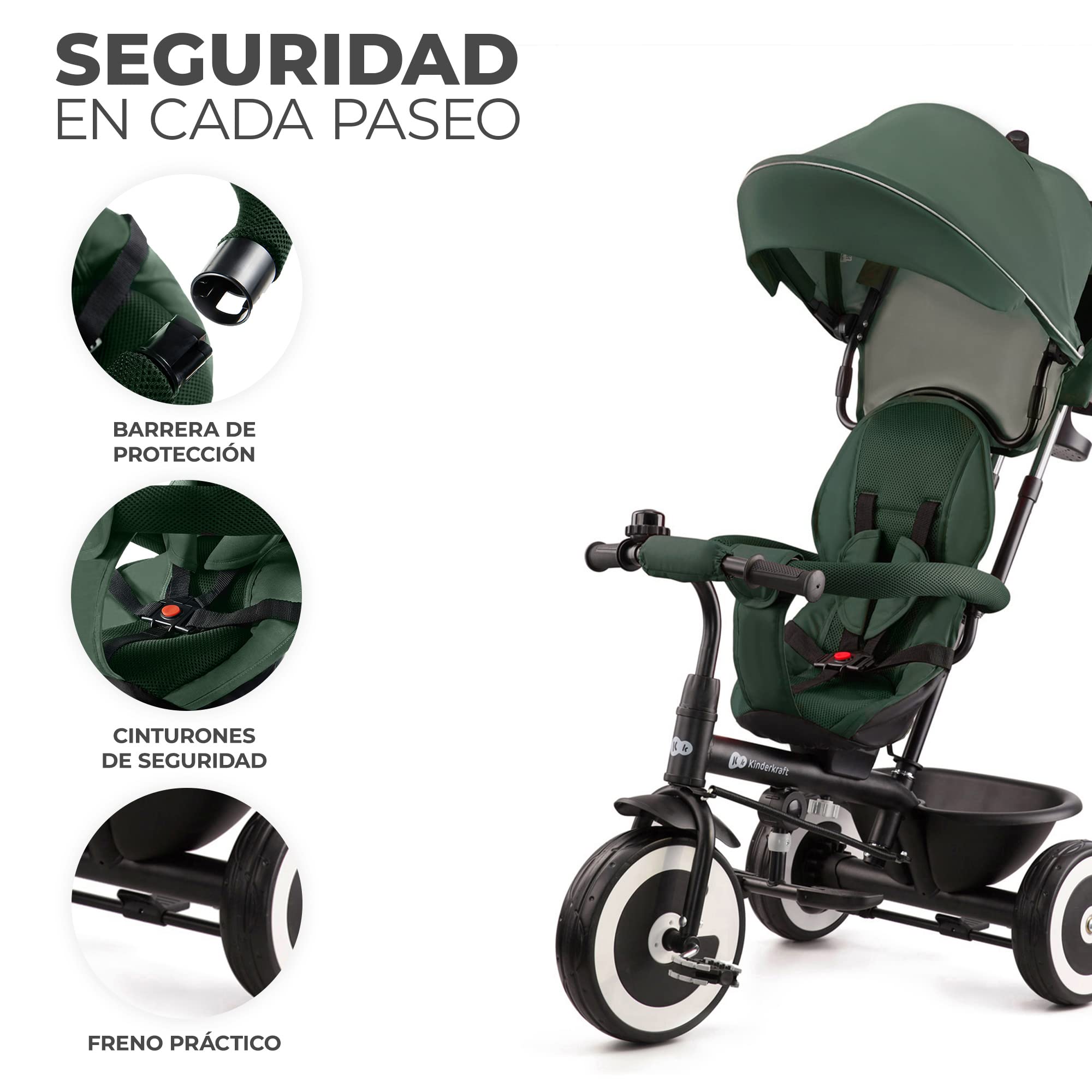 Kinderkraft Aston Triciclo Evolutivo, Bicicleta Sin Pedales, Bicicleta Bebe, para Niños, Cinturón, con Accesorios, Portavasos, Cesta, 9 Meses a 25 kg, Verde