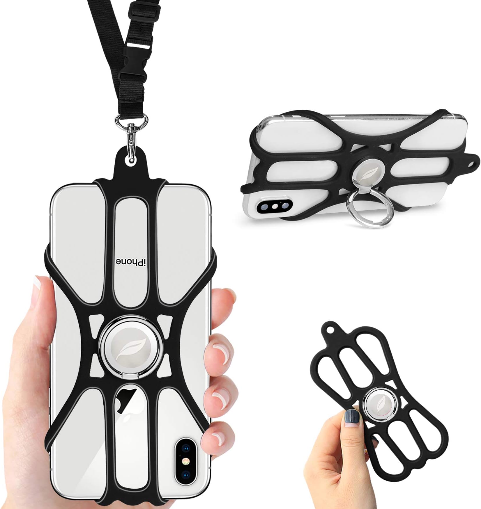 ROCONTRIPPhone Lanyard Silicone Case Mobile Phone Strap with Adjustable Strap and Removable Finger Ring Stand for 4.7-6.5 Inch Smartphone Universal for iPhone 11, X, 8.7, 6S Galaxy, Huawei