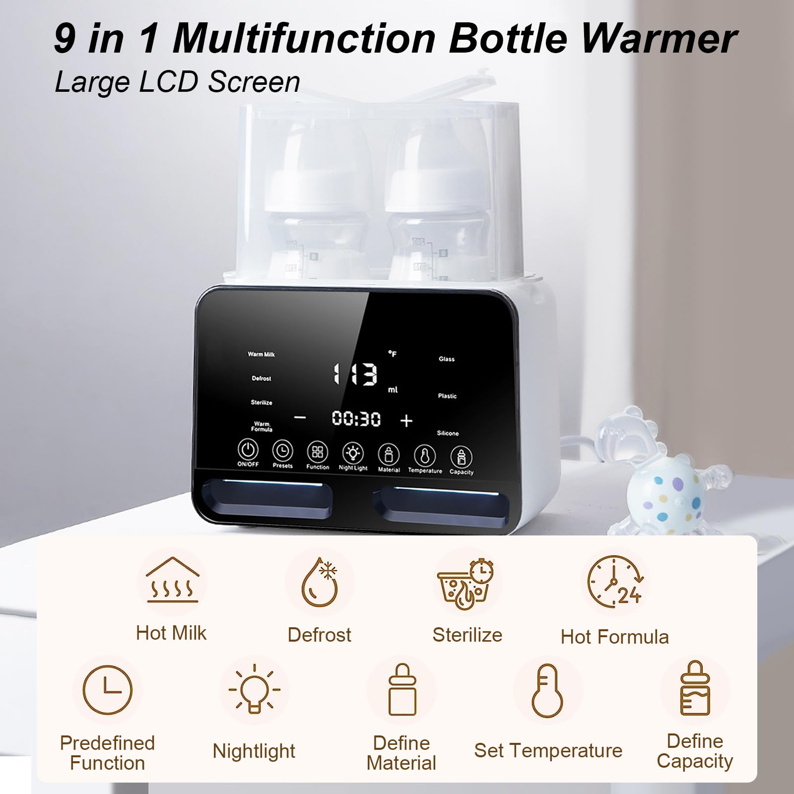 Flaschenwärmer Baby 9 in 1 Sterilisator für Babyflaschen - Babykostwärmer mit Temperatur - für 2 Flaschen mit LCD Display BPA-freier Fast Babynahrungsheizung Auftauen Voreinstellungen (Doppelflasche)