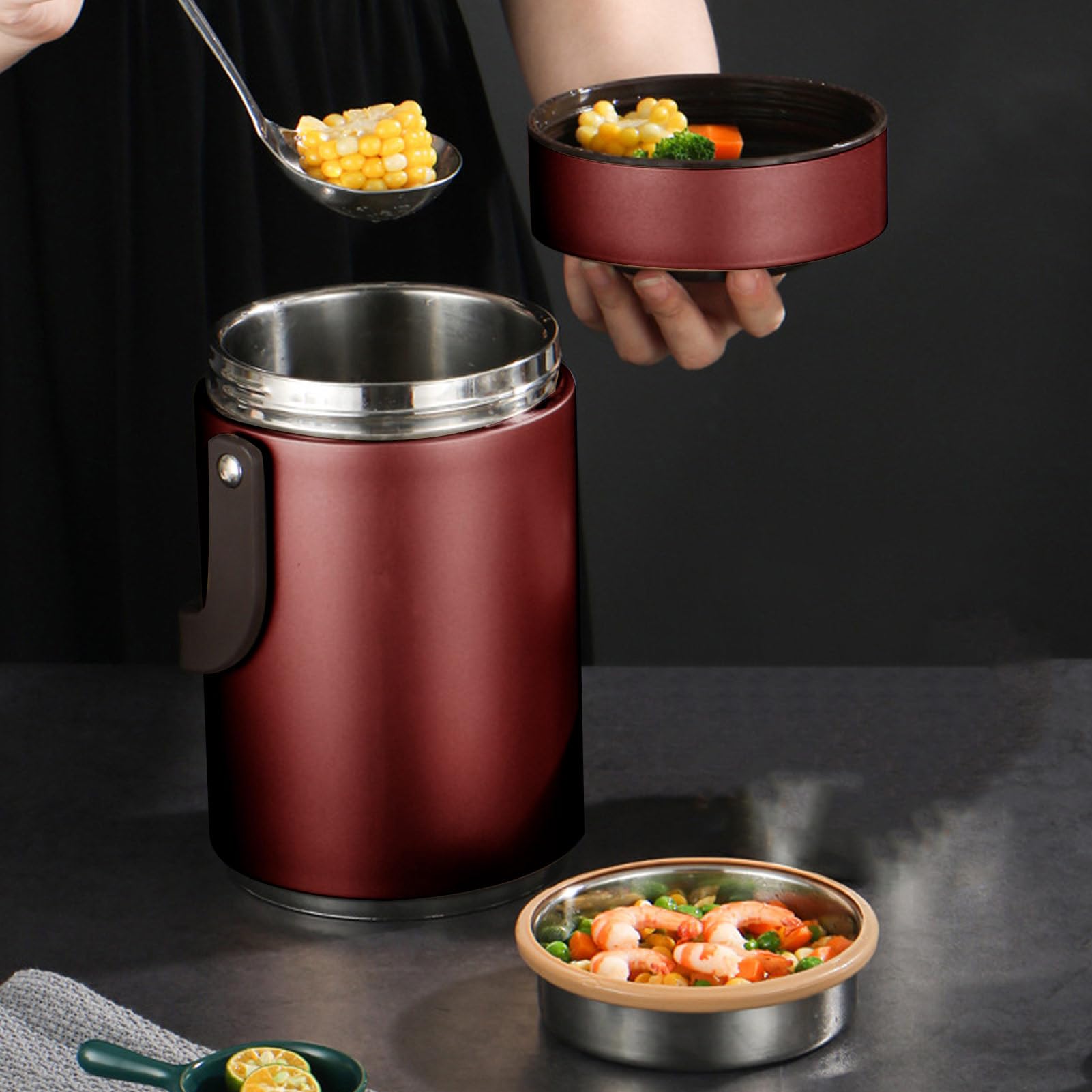BuyWeek Thermos per Alimenti Caldi, 2000 ml Contenitore Termico per Alimenti in Acciaio Inossidabile Impilabili Contenitore per il Pranzo Isolato a 3 Strati (Rosso)