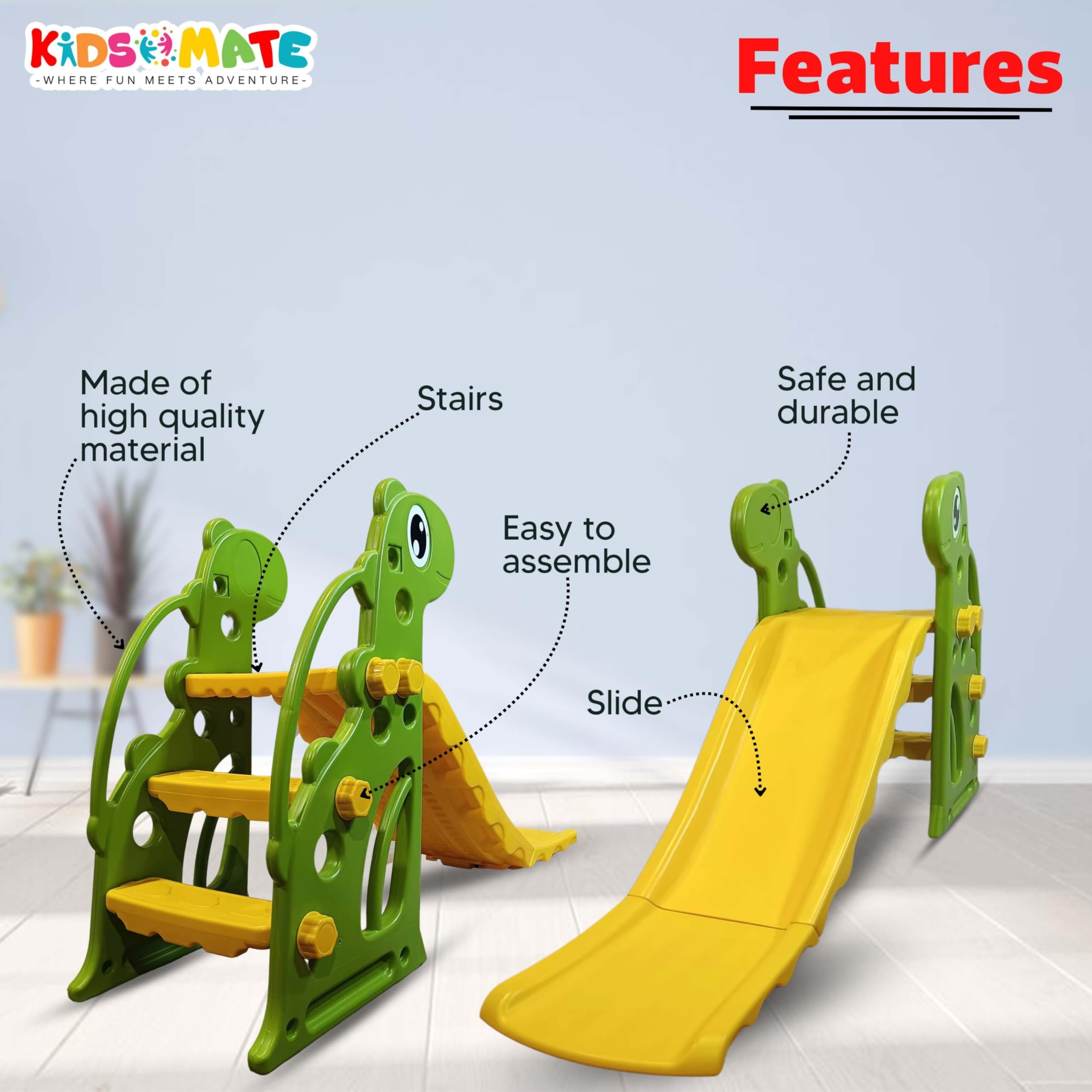 Kidsmate Indoor & Outdoor Fun Slide for Kids | Safe, Durable PE Plastic with Rounded Corners | Quick Assembly Baby Slider Perfect for Kids 2-4 Years | Supports Up to 30 kg - Yellow/Green 1