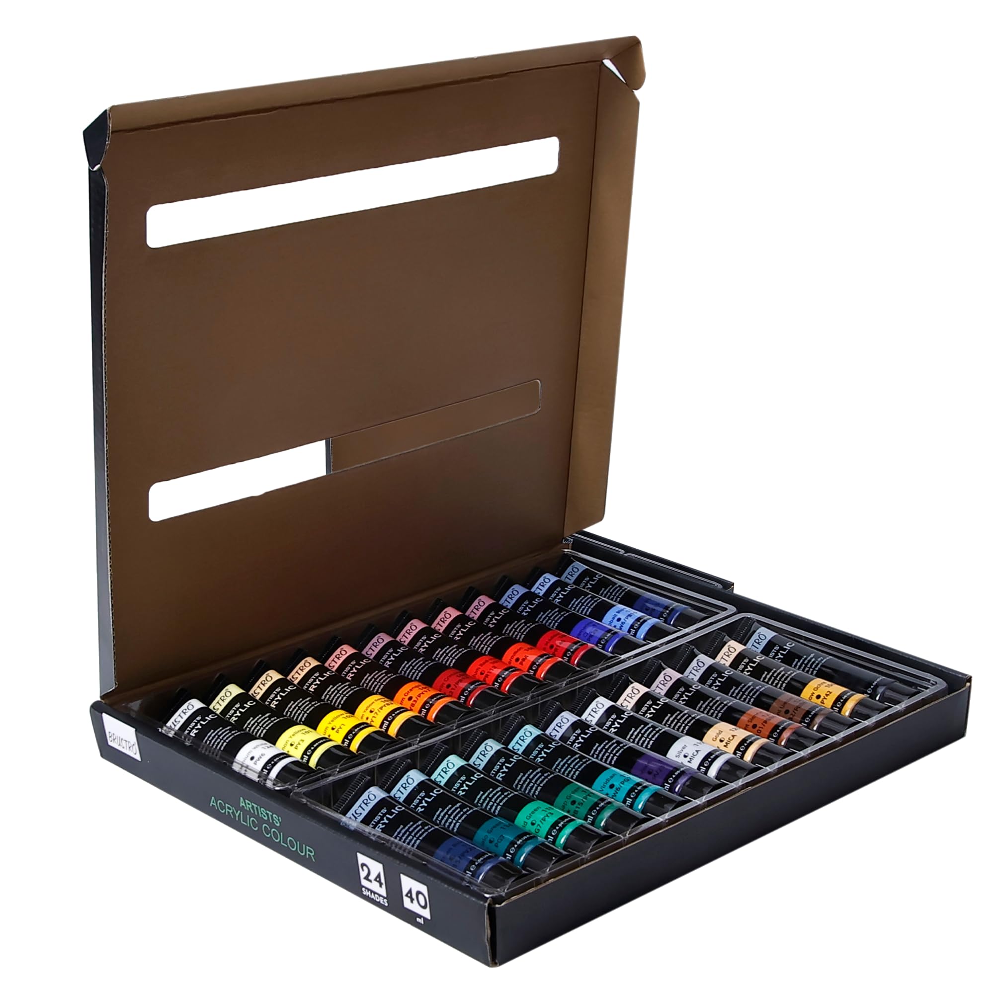 BRUSTRO Künstler-Acrylfarbe, Set mit 24 Stück, 40 ml Farbtuben, lebendige Farbtöne, weicher Körper, auf Wasserbasis, ungiftig, miteinander mischbar, ideal für Papier, Leinwand, Karton, Kunststudenten,