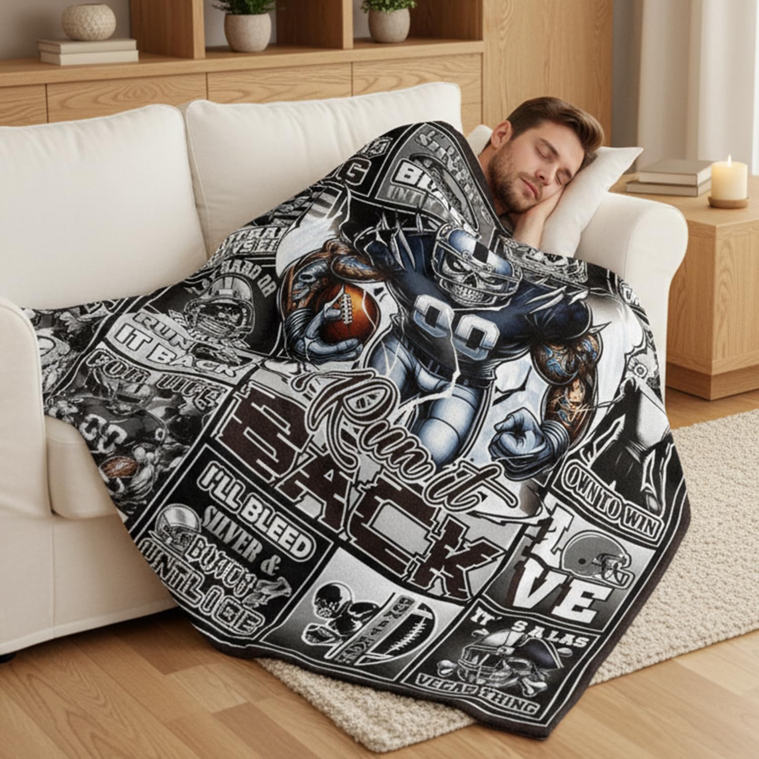 Football Throw Blanket Gifts - Sport Team Player Gift for Men, Christmas Birthday Sports Gifts for Boys Football Coach Fan Lovers, Black White Skeleton Cozy Flannel Throw Blanket 59"X 51" - Image 5