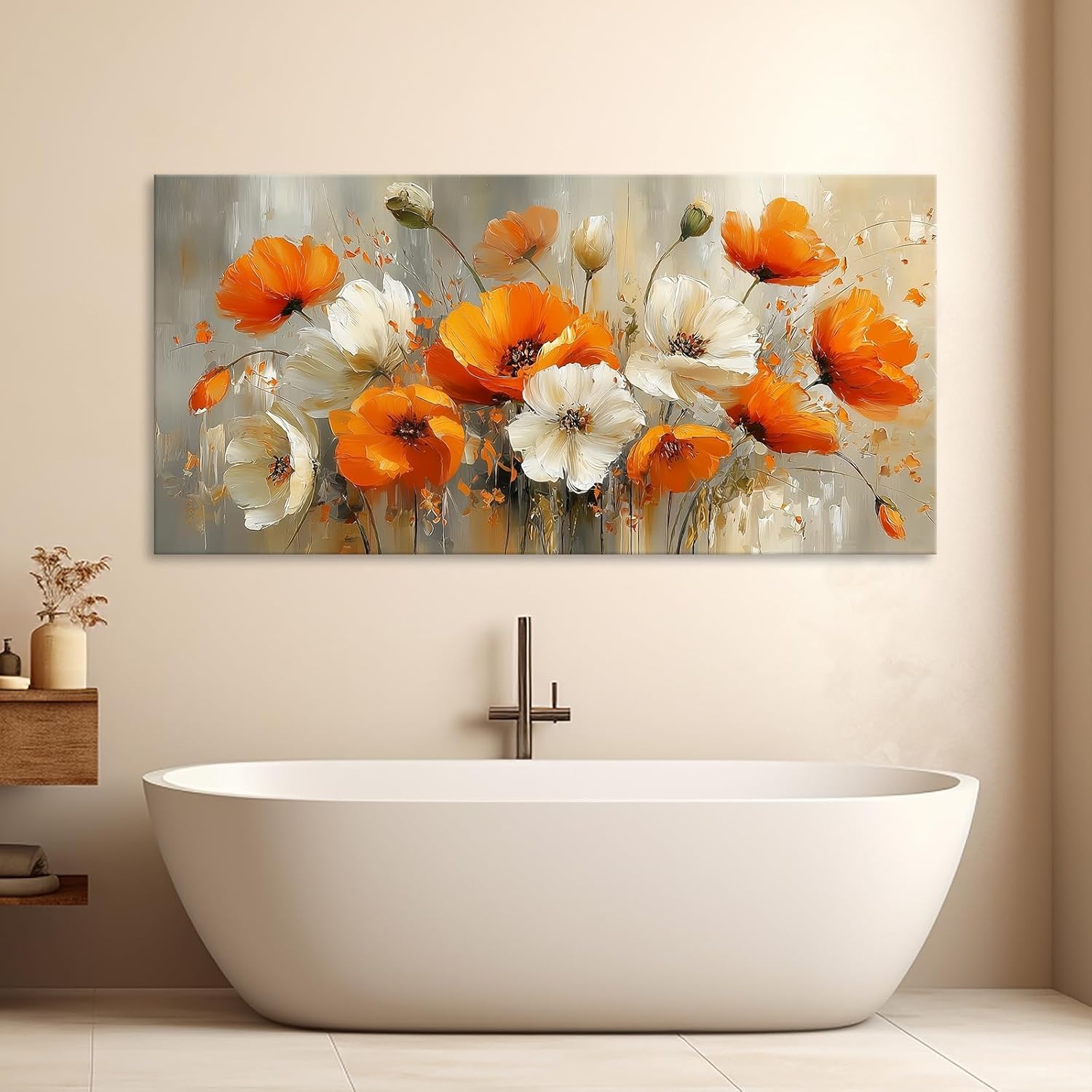 BewDalky Poppy Canvas Wall Art for Living Room Large Orange White Flower Picture Paintings Wall Decor Modern Elegant Country Floral Prints Artwork for Bedroom Kitchen Office Home Decoration 20" x 40"