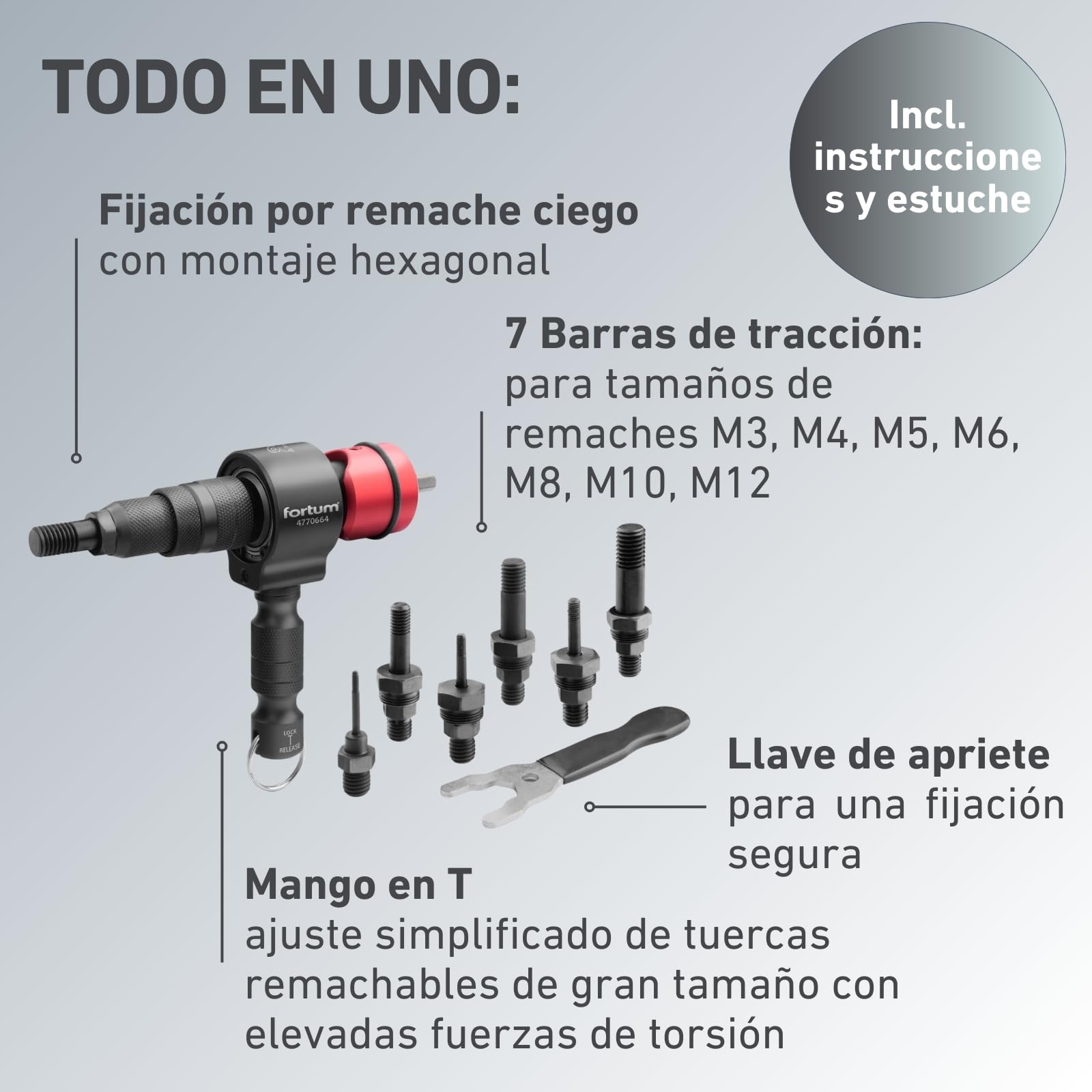 Adaptador de Tuerca Remachada para Taladro y Atornillador | Herramienta para Remachar Tuercas de Aluminio, Acero y Acero Inoxidable | Adaptador Tuercas de M3-M12 | Pistola de Remaches Adaptador