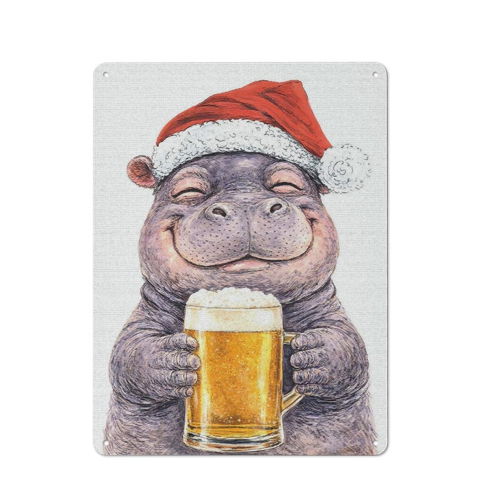 Junmoney Style-24 Tin Wall Plaque 40X30cm With Happy Hippo With Christmas Beer For Workshop Wall, Housewarming Wall Decor For People Furnishing Workshop