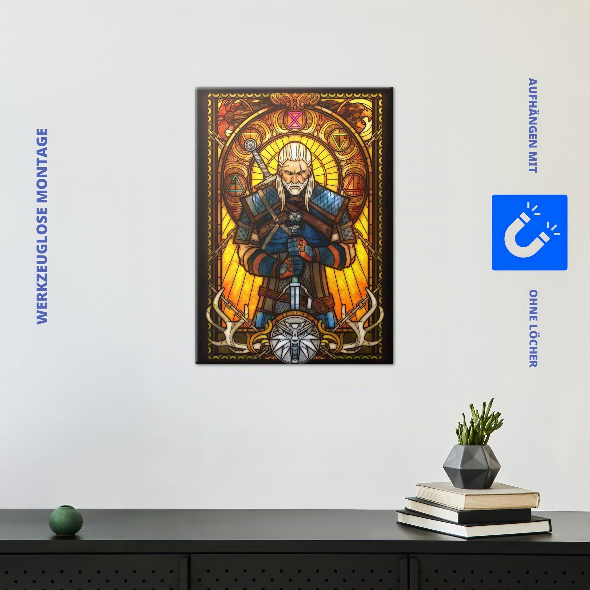 Displate Metallposter The Witcher 3 - Stained Glass - Geralt Plakat - Spielzimmer Zimmer Deko - Bilder Schlafzimmer - Geschenk - Wanddeko Metall Poster 32 cm x 45 cm