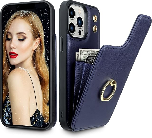 Vunake for iPhone 14 Pro Case with Card Holder Wallet Case with Ring Holder PU Leather Phone Case for Women Girls TPU Shockproof Bumper Case RFID Blocking Protective Case Cover for iPhone 14 Pro-Navy