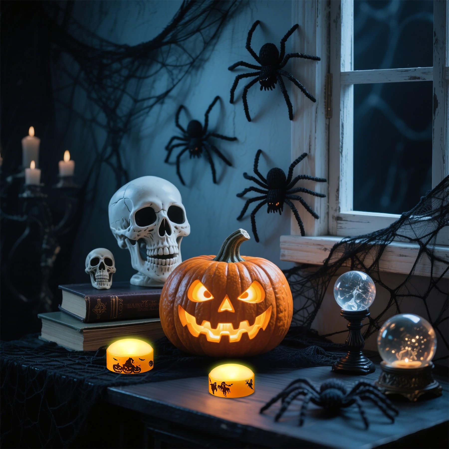 Yakpo 2 Pack LED Halloween Pompoenlichten met Afstandsbediening en Timer, Batterijgevoede Vlamloze Flikkerende Oranje Jack-o'-Lanterns, Elektrische Halloween Kaarslicht voor Buiten Pompoendecoraties