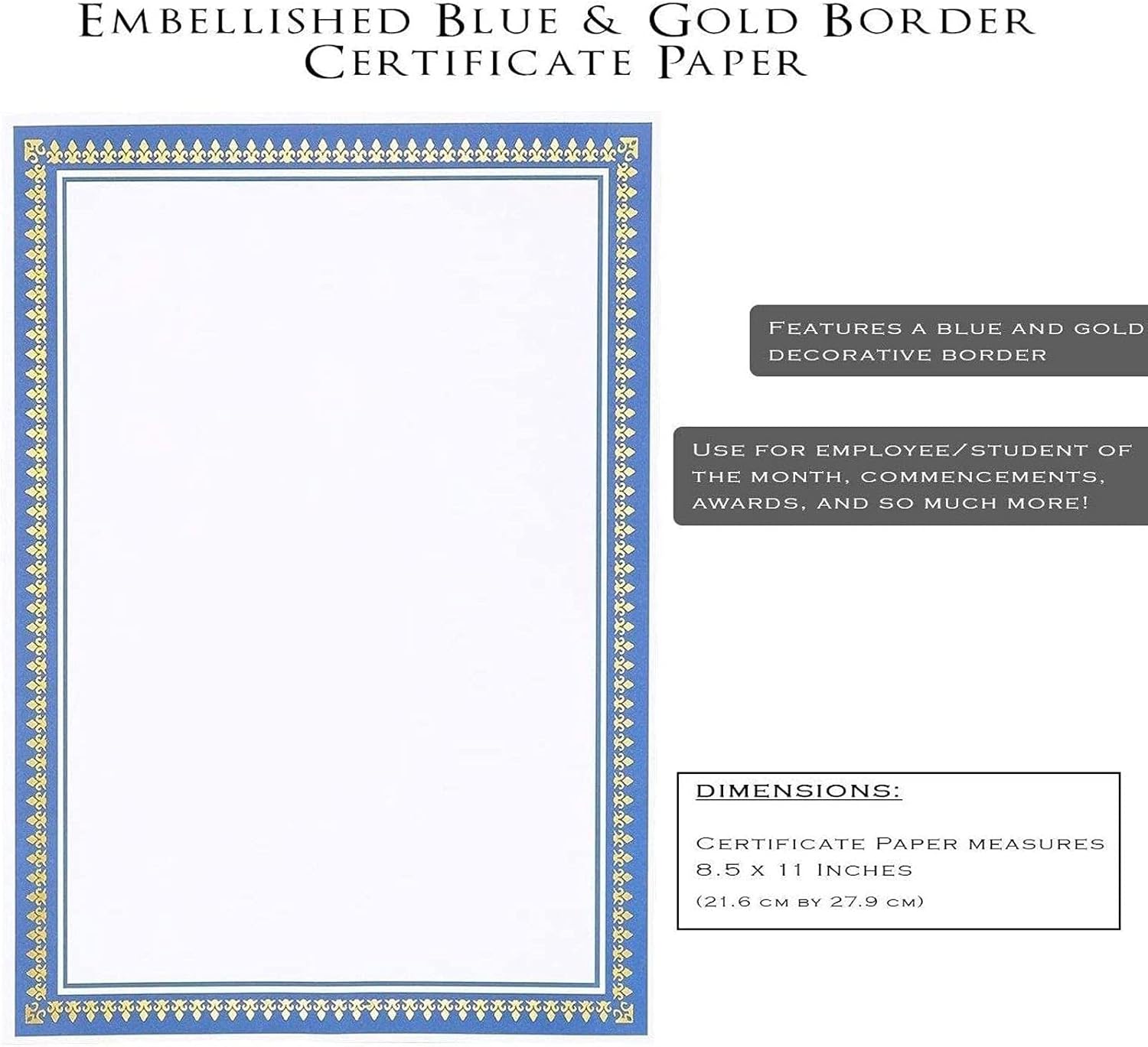 Certificate Paper with Gold and Blue Border, Award Certificates (White, 8.5 x 11 in, 50-Pack) : Office Products