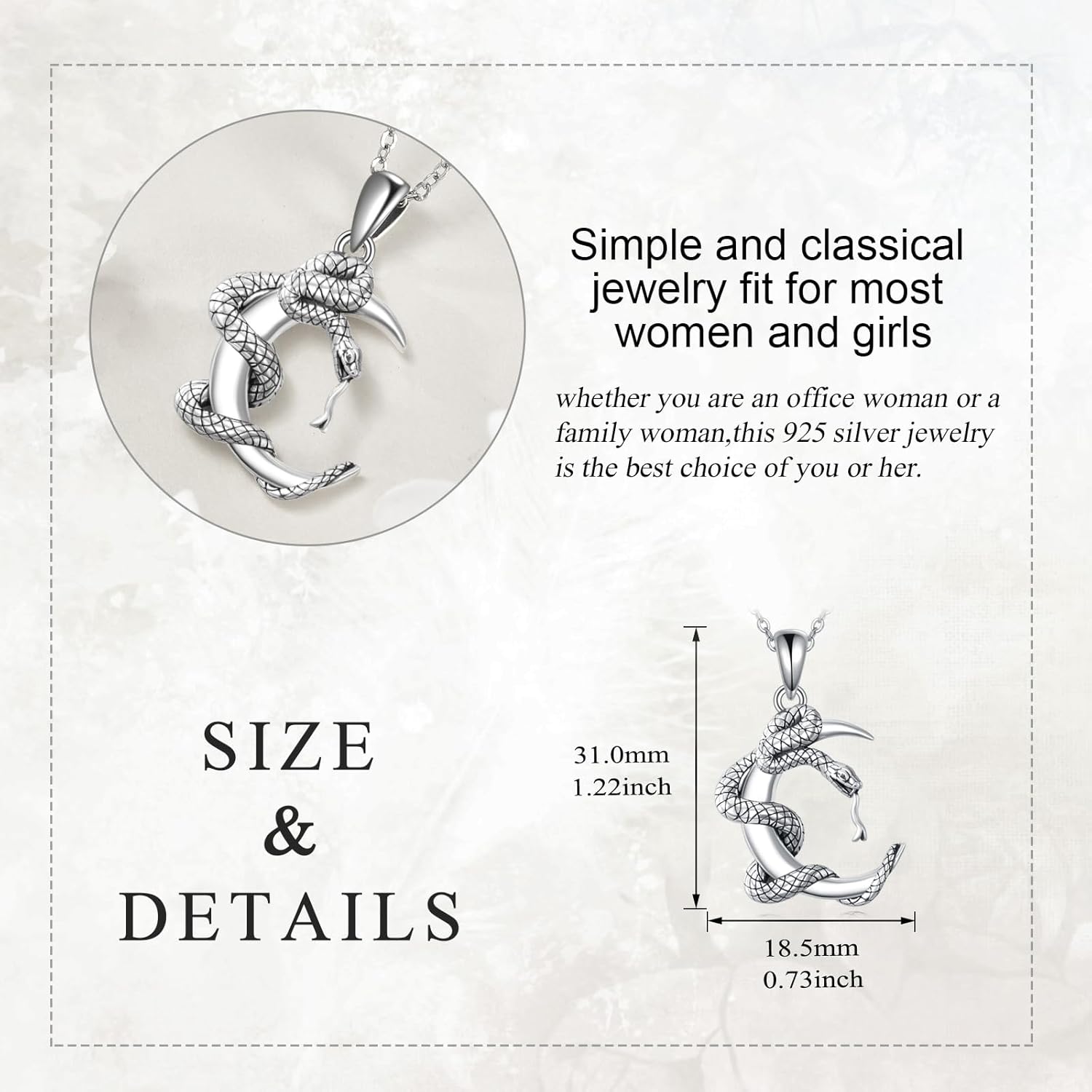 Snake Moon Necklace - 925 Sterling Silver Moon Pendant Necklace - Snake Jewelry for Women - Image 6