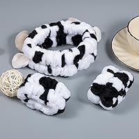 Vista 2 de Diadema de Felpa para Lavar la Cara con Estampado de Vaca, Banda de Muñeca para Spa, Puños, Coletero para el Cabello, para Mujeres y Niñas