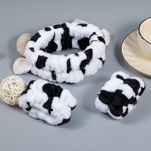 Miniatura 2 de Diadema de felpa con estampado de vaca, para spa, muñequera para el cabello, para mujeres y niñas, maquillaje facial, cuidado de la piel, envoltura