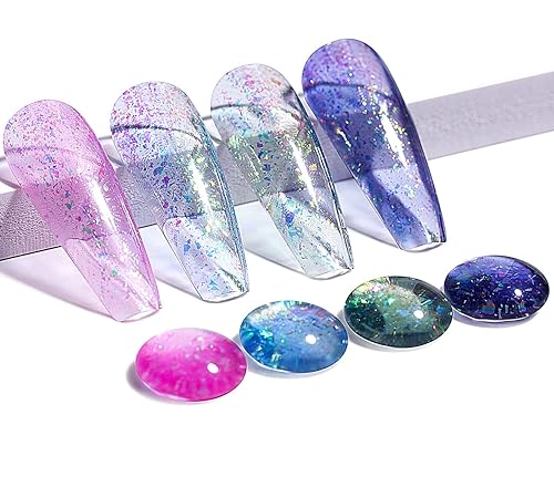 Miniatura 3 de AIMEILI Esmalte de uñas de gel sin hema, 4 colores, rosa, morado, azul, plateado, con purpurina, kit de uñas brillantes, diseño de uñas de verano,
