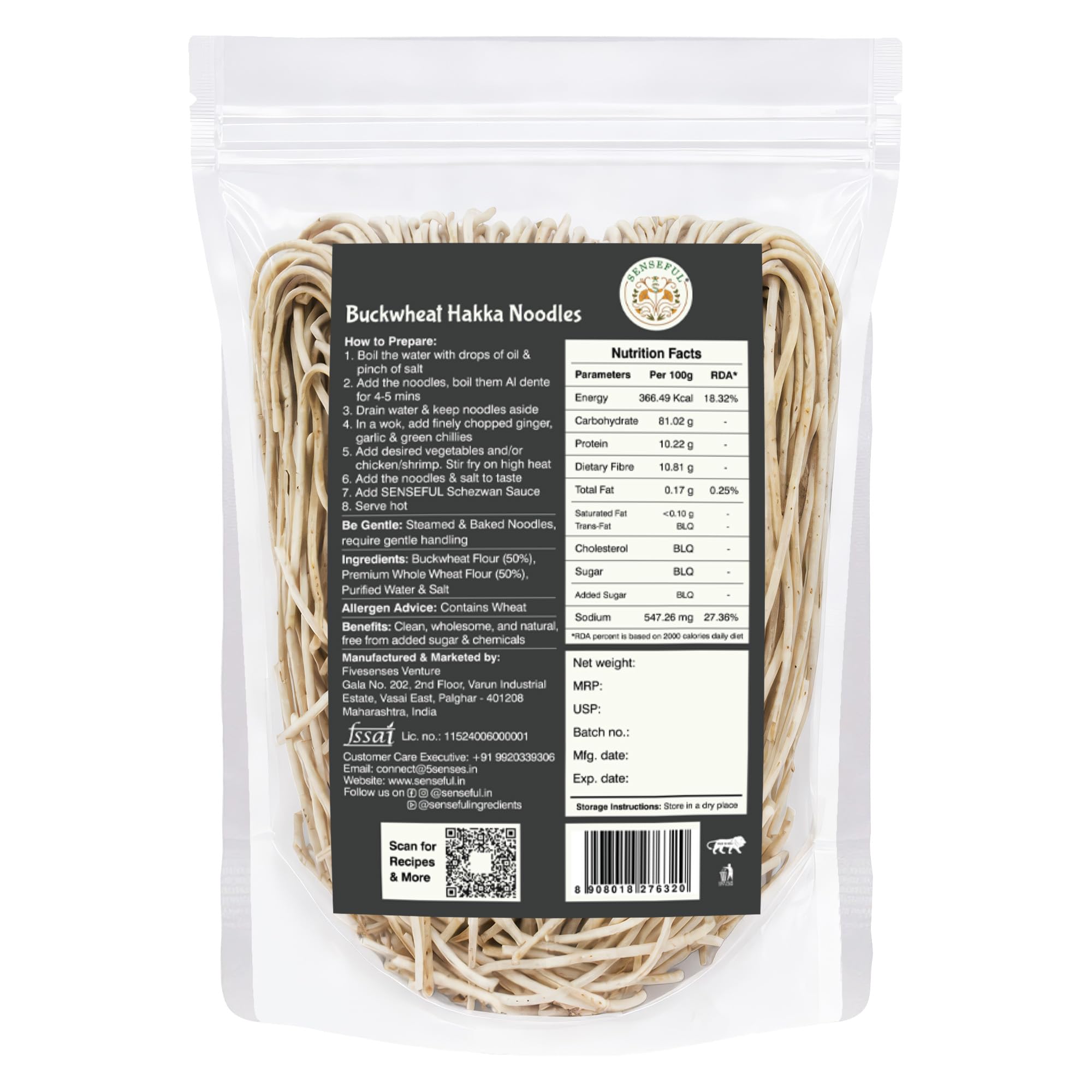 SENSEFUL Buckwheat Hakka Noodles Pack of 2 - High in Dietary Fibre, Zero Maida, Non-Fried, No Cholesterol, No Trans-Fat & No MSG - 200 gm Each 1