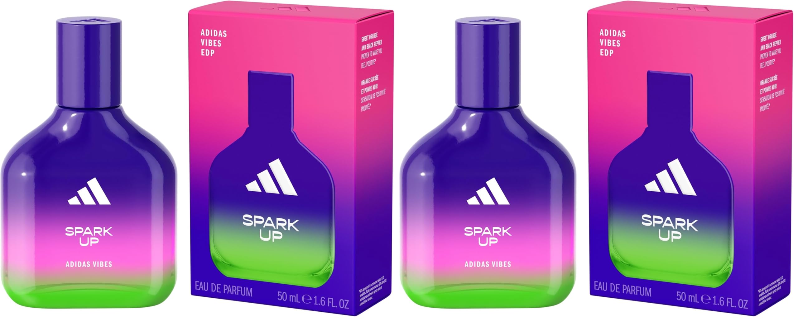 adidas Vibes Spark Up Eau de Parfum für alle, energetisierend und faszinierend, langanhaltender Duft, Süßorange und schwarzer Pfeffer, 50 ml (Packung mit 2)