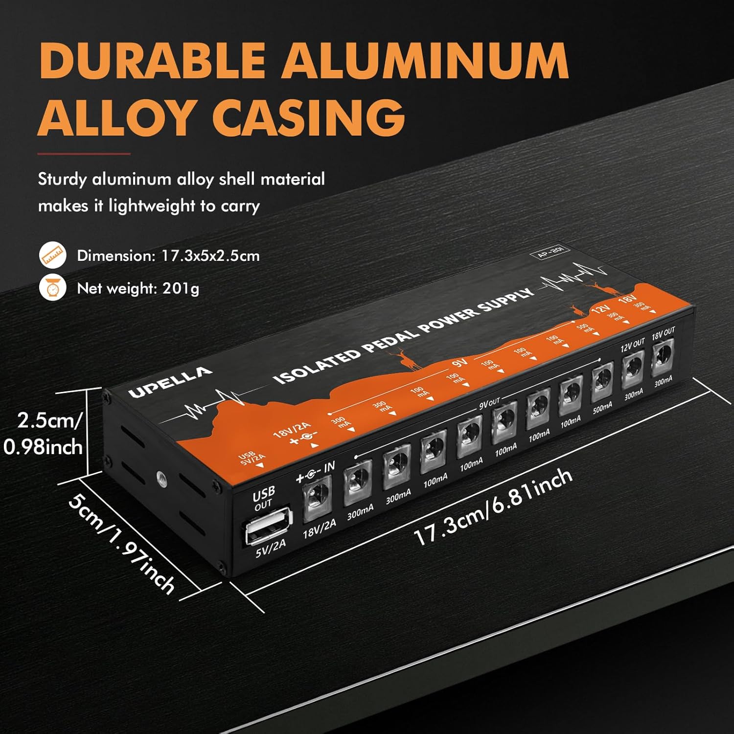 AP-201 Guitar Pedal Power Supply, True Isolated Pedal Power Supply with USB Port, 10 Ports, Independent Guitar Pedal Power DC Output 9V/12V/18V for Effect Pedal