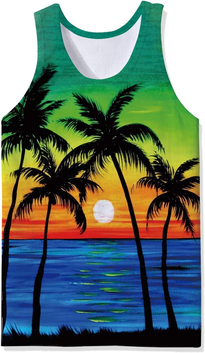 AIDEAONE Tank Tops for Men 3D Print Coconut Tree Fashion Casual Fitness Vest Athletic Training Undershirts L