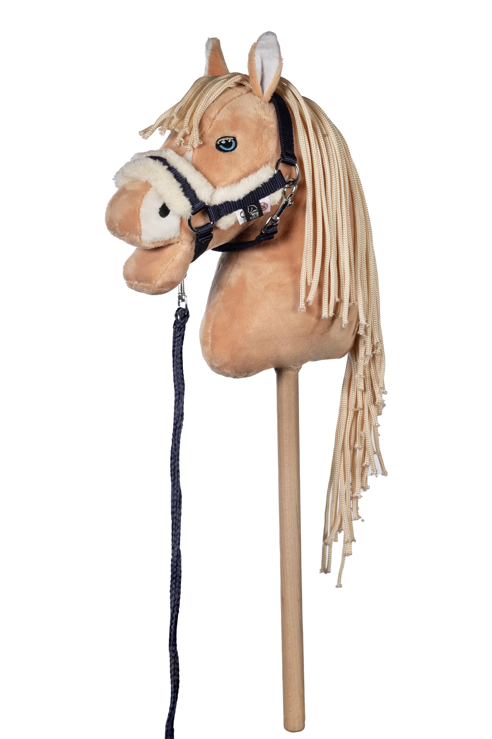 HKM Kids Hobby Horse, Palomino, Beige, mit Halfter und Führstrick in Dunkelblau, Steckenpferd für Kinder, Pferde Spielzeug