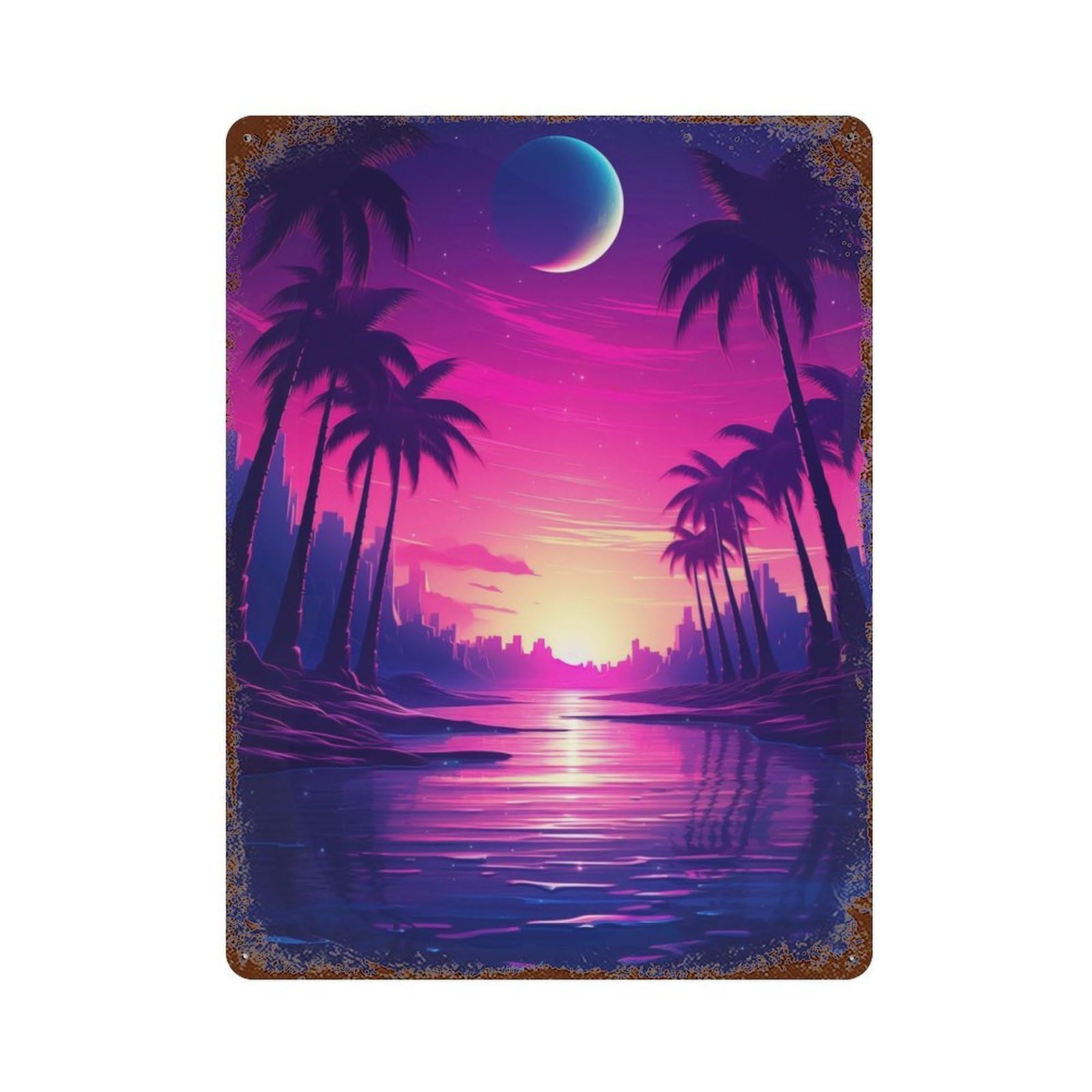 Synthwave Sunset Sway Vintage Wall Sign 15.7"x11.8", Rust Effect Metal Decor for Cafe, Home Bar And Lounge Decor