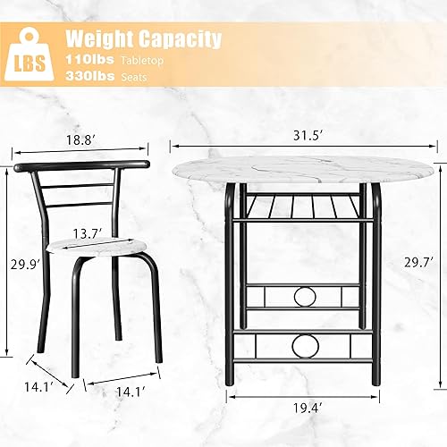 Miniatura 7 de JUMMICO Juego de Mesa Redonda y Sillas de Madera de 3 Piezas, Ahorro de Espacio Desayunador de Cocina Superficie de Veta de Madera con Marco de